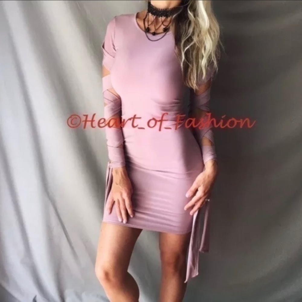 Ribbon Tie Lace Up Sleeve Bodycon Dress Mauve